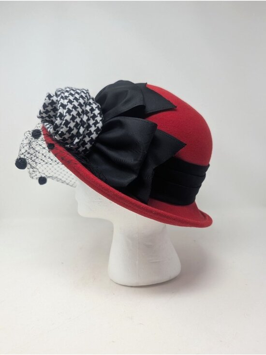 Vintage Whittall & Shon Red Felt Hat Black Veil Bow 80s main image 5